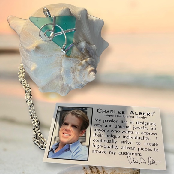 Aqua Green Pompano Beach Glass Freeform Pendant With Large Bale - Picture 2 of 3